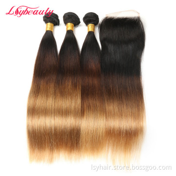Mix Color 1B 4 27 Ombre Color Hair Two Three Tones Ombre Straight Brazilian Extension Human Hair With Lace Closure
